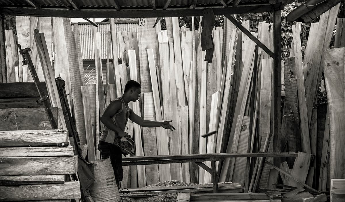Carpenter working with timber at a workbench