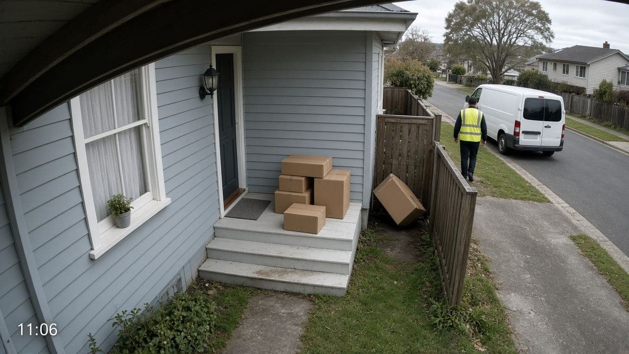 Security-camera view of a parcel wedged against a side gate while a courier walks back to a van