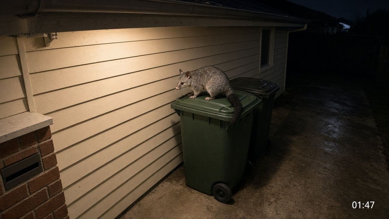Colour night-vision still of a possum standing on a wheelie bin