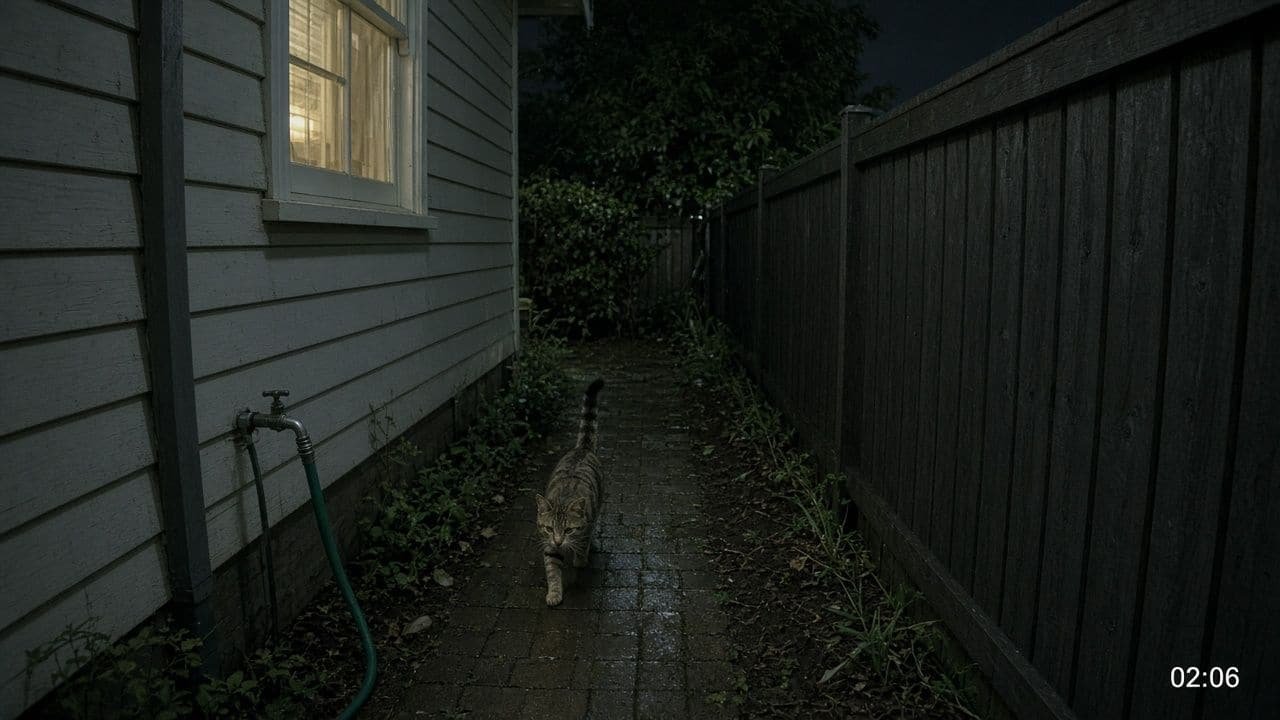 Colour night-vision still of a cat on a side path between a house and a fence